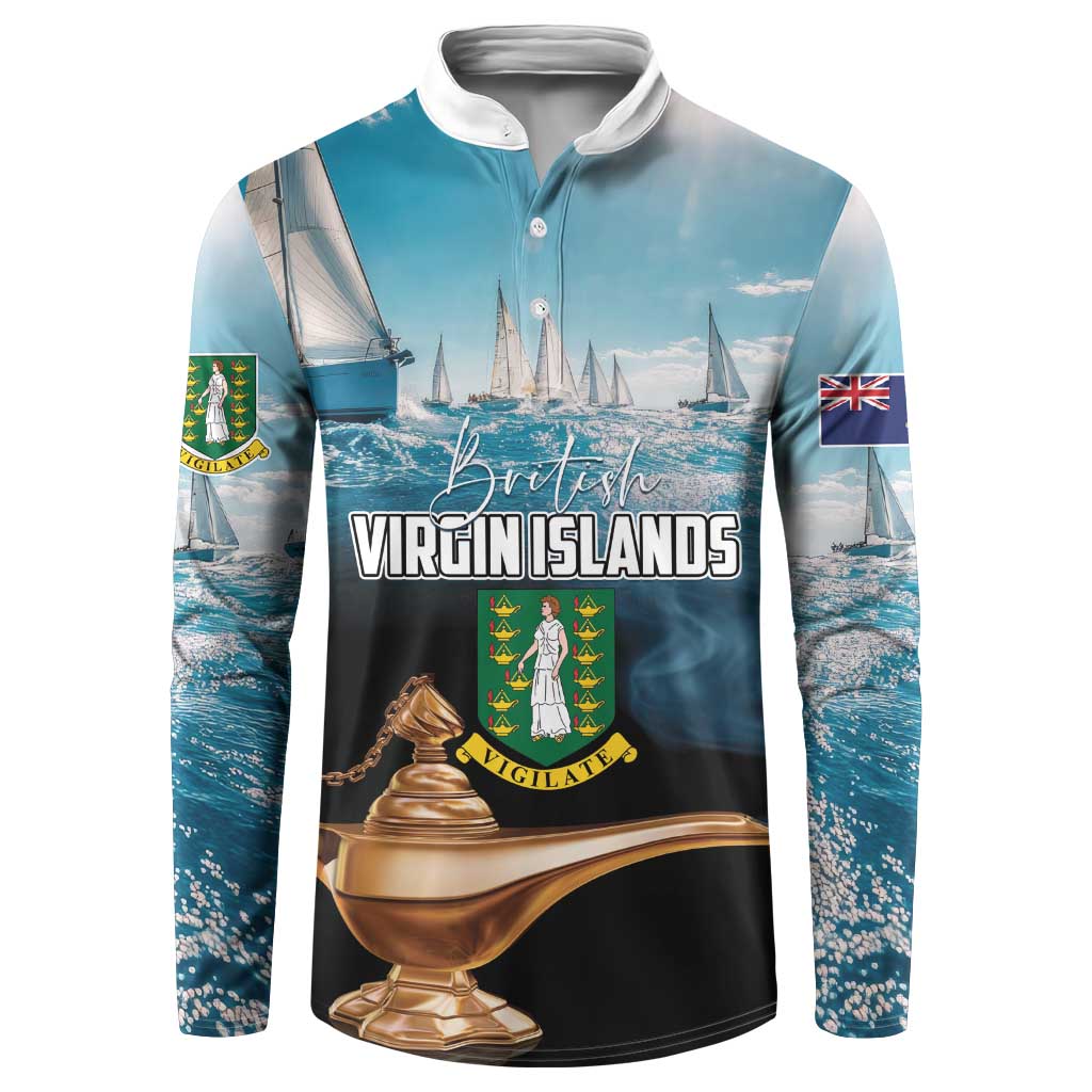 Blue button sweatshirt with Virgin Islands graphic front and long sleeves