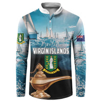 Blue button sweatshirt with Virgin Islands graphic front and long sleeves