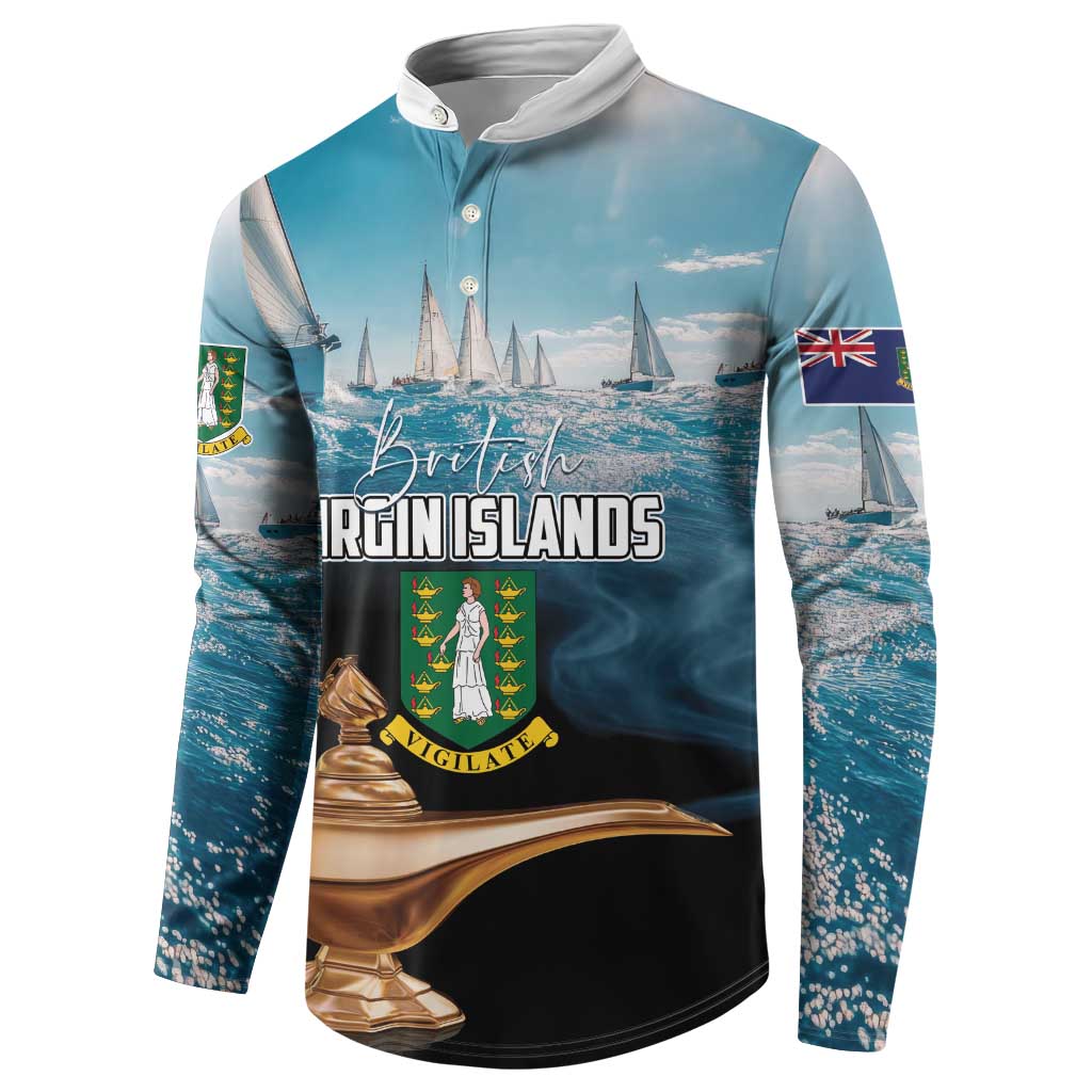 Blue button henley sweatshirt with British Virgin Islands seal and sailboat print