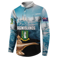 Blue button henley sweatshirt with British Virgin Islands seal and sailboat print
