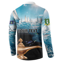 Blue sweatshirt with back print, text 'YOUR TEXT', seal and sailboat scene