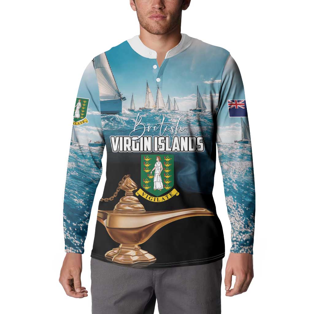Blue button sweatshirt on model with front Virgin Islands crest and golden gavel