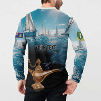 Blue sweatshirt with back view showing 'YOUR TEXT' and gavel graphic