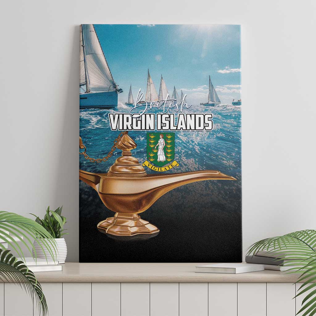 Virgin Islands canvas wall art with sailing boats, crest emblem, and golden lamp
