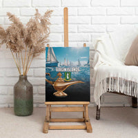 Virgin Islands canvas wall art on easel showing boats, crest, and golden lamp