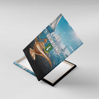 Virgin Islands canvas wall art with blue sailboats and golden lamp, angled view