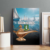 Blue Virgin Islands canvas wall art featuring sailboats, crest, and golden lamp