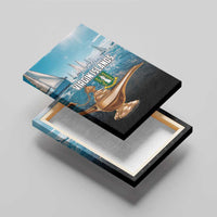 Virgin Islands canvas wall art in blue tones with golden lamp and sailing boats