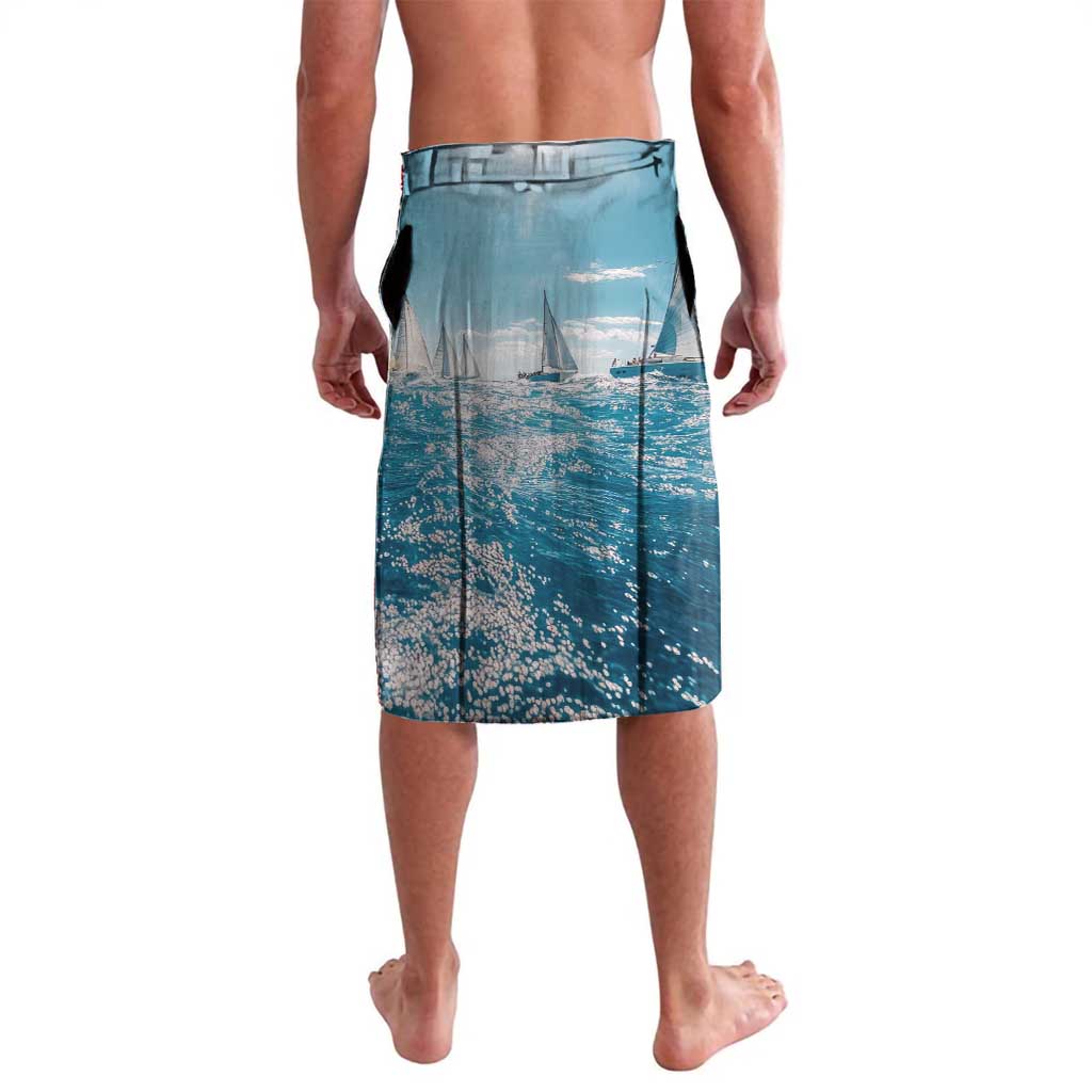 Personalized blue lavalava shorts with ocean and sailboat graphic, elastic waistband