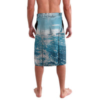 Personalized blue lavalava shorts with ocean and sailboat graphic, elastic waistband