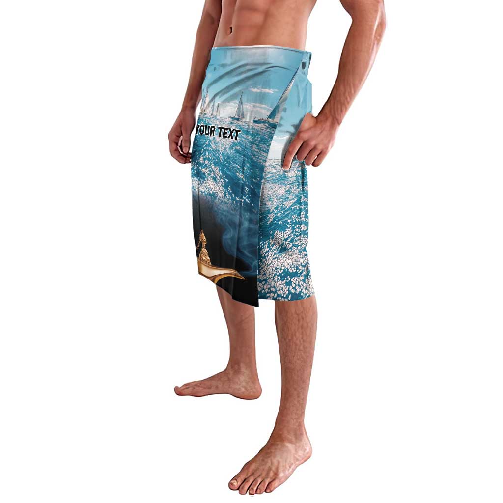 Personalized blue lavalava shorts with ocean and sailboat print, side view