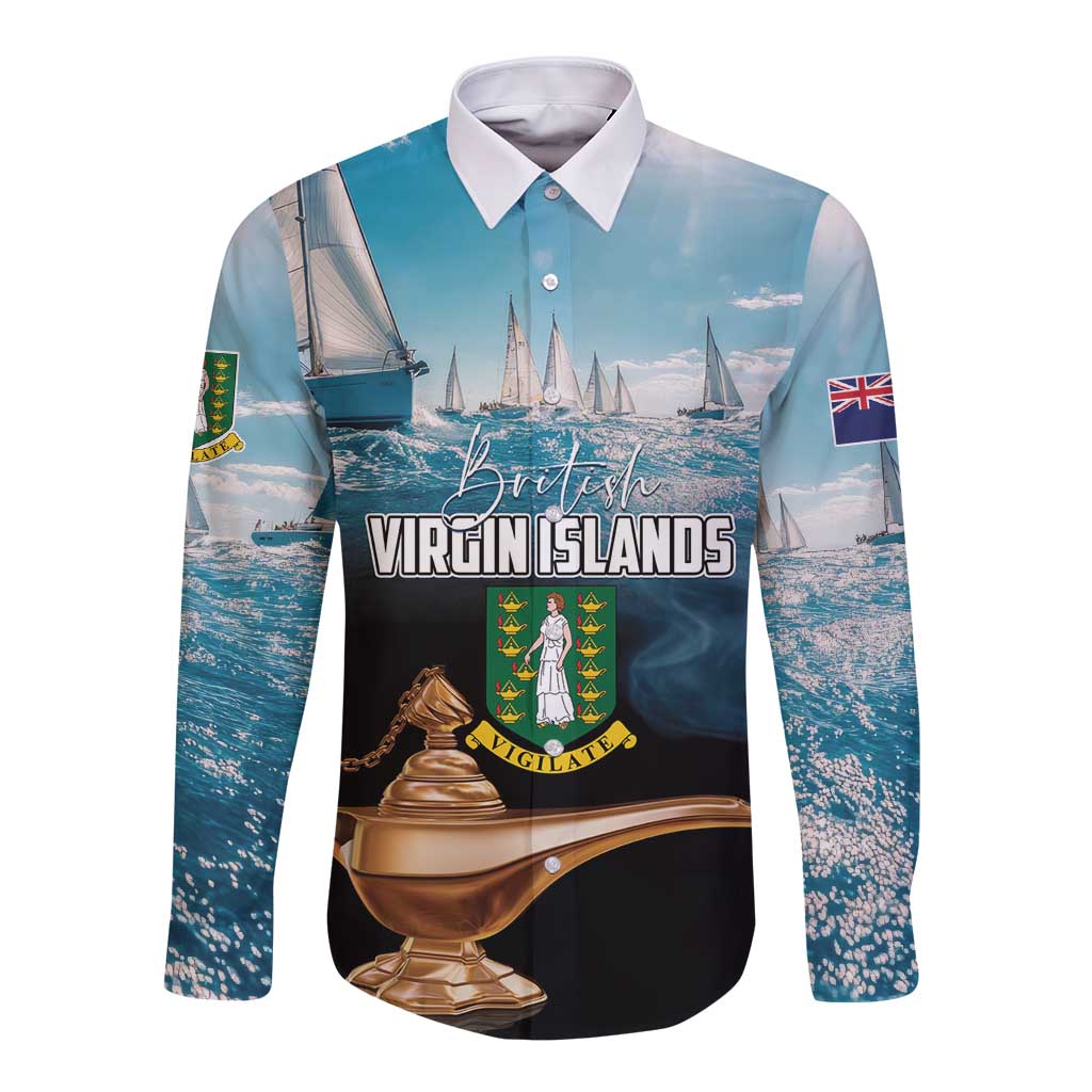 Blue long-sleeve button shirt with sailing ships and crest graphic on front