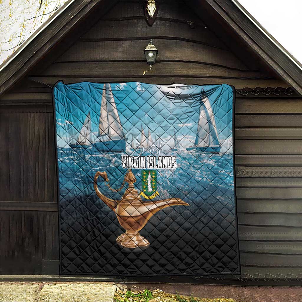 Blue quilt panel with sailboats and Virgin Islands text, gold lamp motif on black backing