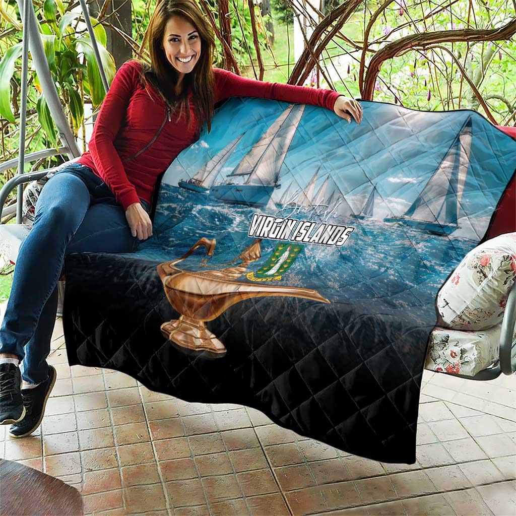 Blue and black quilt with sailboats, Virgin Islands lettering, and gold lamp graphic