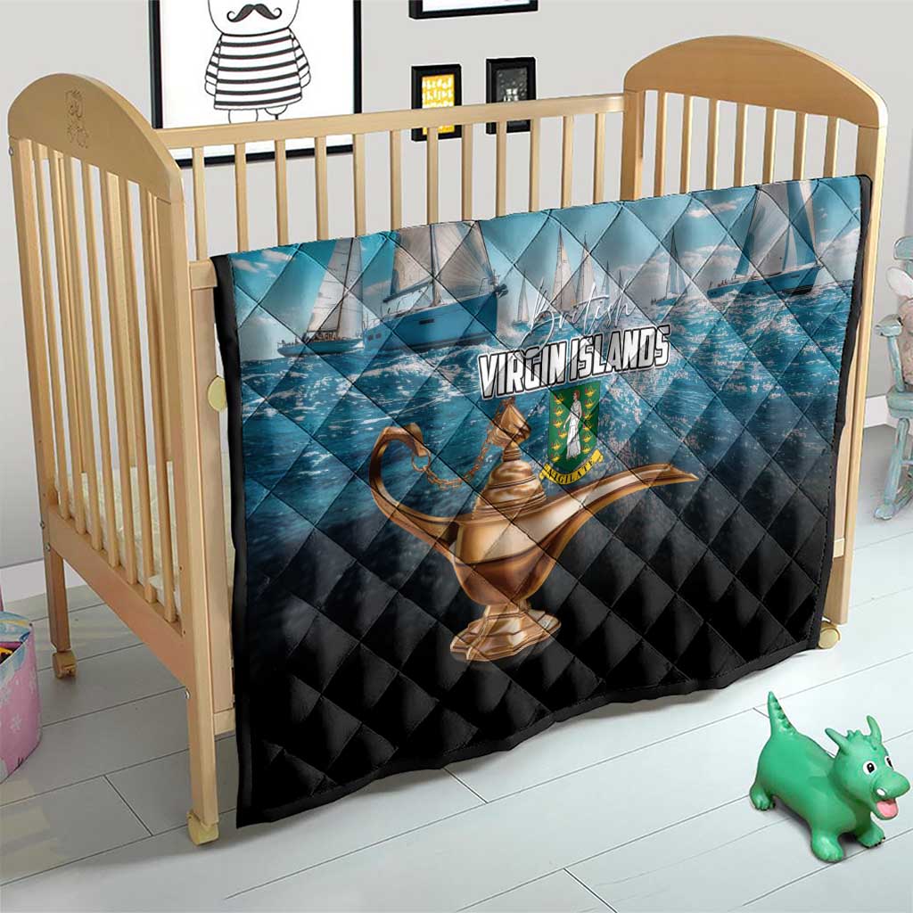 Child bed quilt in blue and black with sailboats, Virgin Islands text, and gold lamp