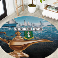 Blue round rug with Virgin Islands graphic, sailing ships and gold emblem