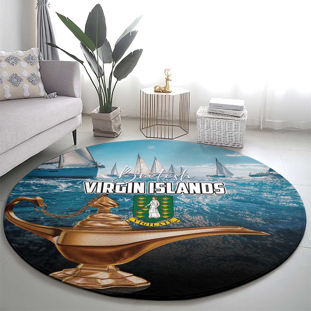 Blue round rug featuring Virgin Islands lettering and gold ship illustration