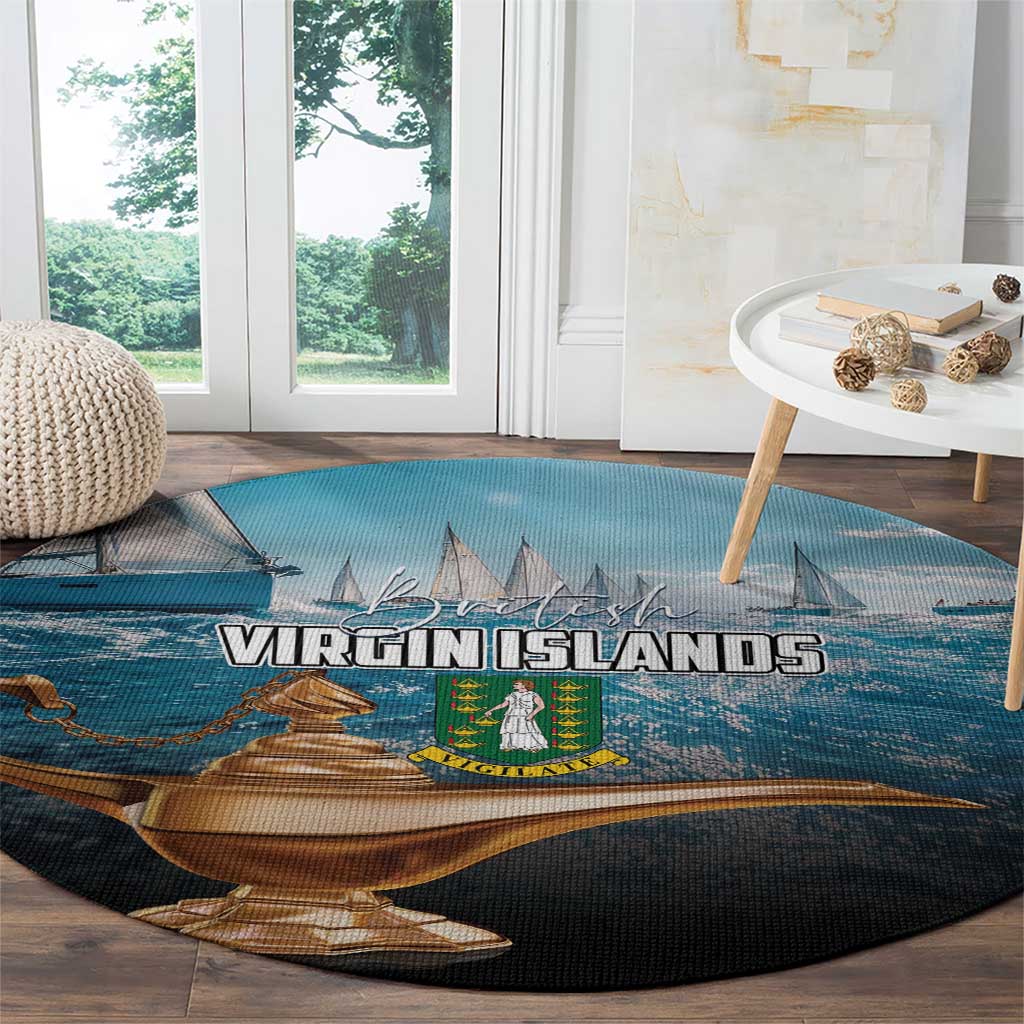 Blue round rug with Virgin Islands ship scene, gold emblem, and black outer edge