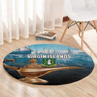 Blue round rug with Virgin Islands text and gold ship illustration, black border