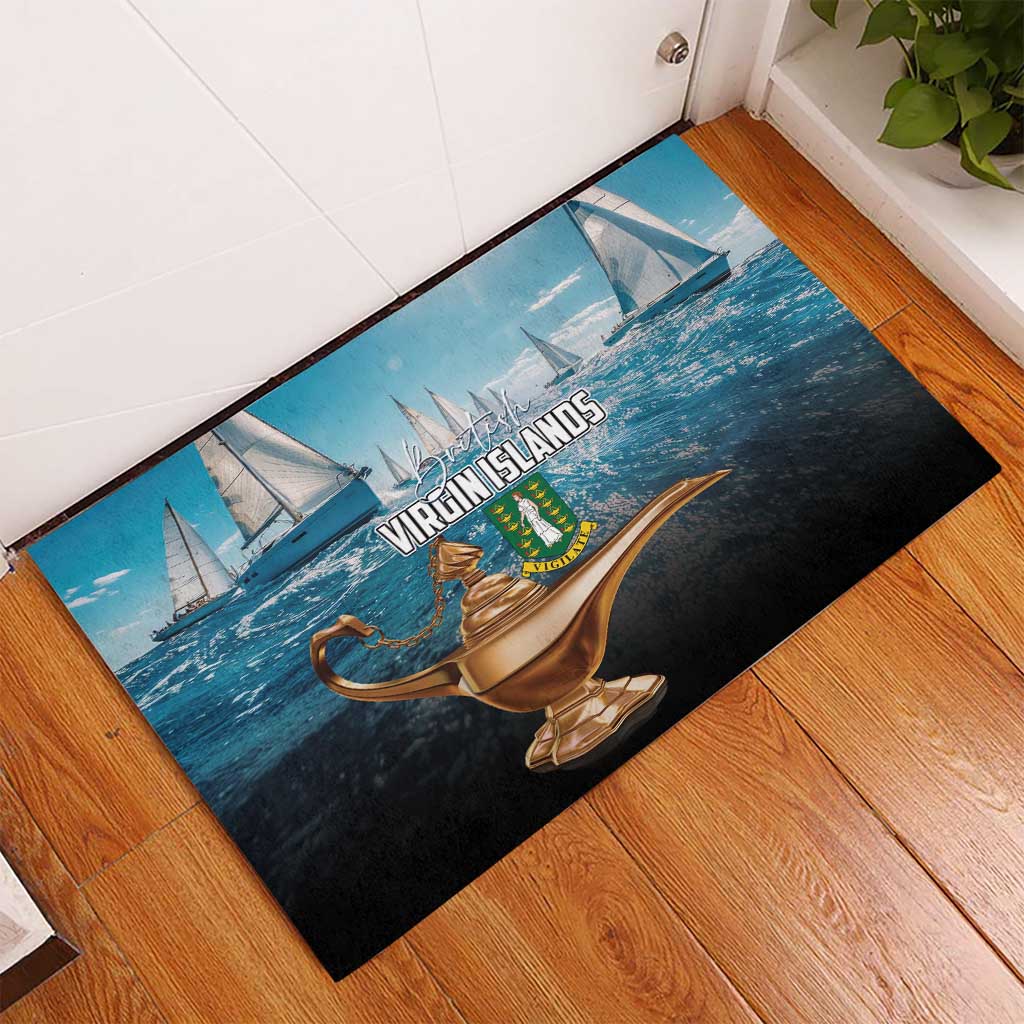 Blue rubber doormat with Virgin Islands lamp and sailboat graphic, corner view