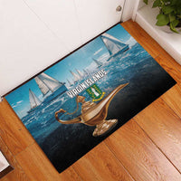 Blue rubber doormat with Virgin Islands lamp and sailboat graphic, corner view