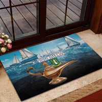 Blue rubber doormat with Virgin Islands lamp and sailboats, placed at doorway