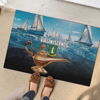Blue rubber doormat with Virgin Islands lamp and sailboats, near entrance floor