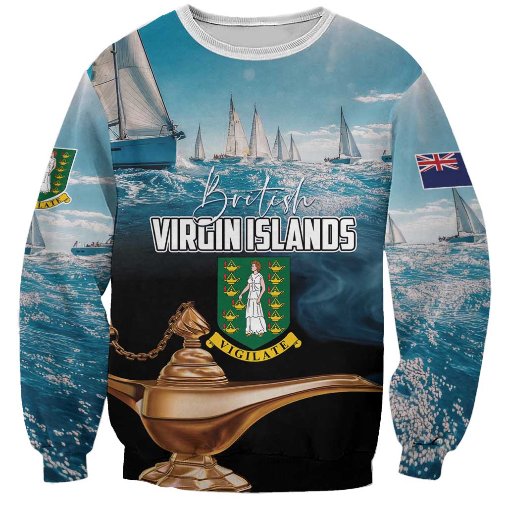 Blue unisex sweatshirt with sailing scene and Golden Lamps Vigilate graphic front