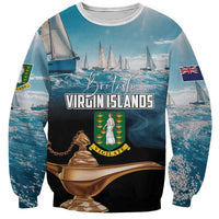 Blue unisex sweatshirt with sailing scene and Golden Lamps Vigilate graphic front