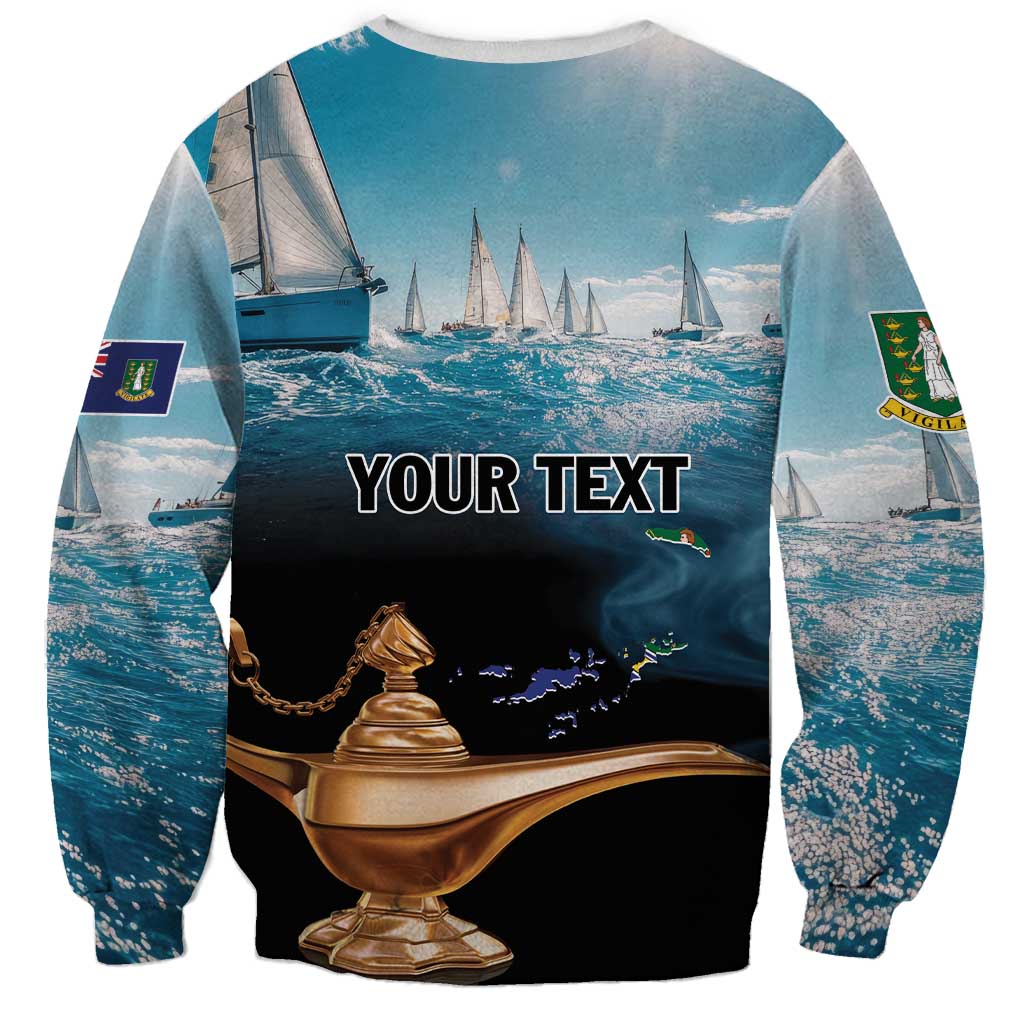 Blue unisex sweatshirt with sailing scene and 'YOUR TEXT' golden lamp graphic front