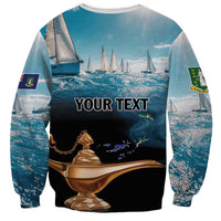 Blue unisex sweatshirt with sailing scene and 'YOUR TEXT' golden lamp graphic front