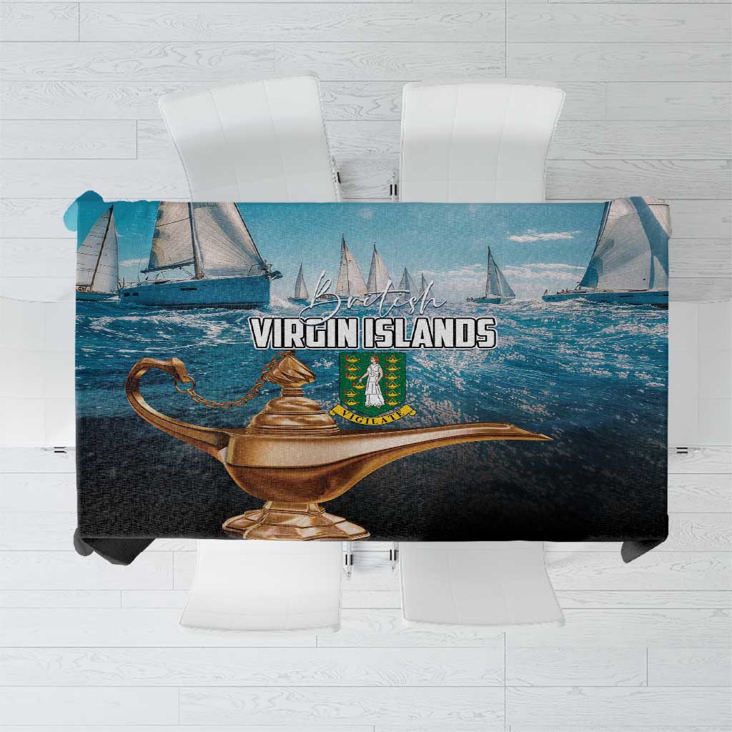 British Virgin Islands tablecloth with blue nautical scene, sailboats and compass wheel print
