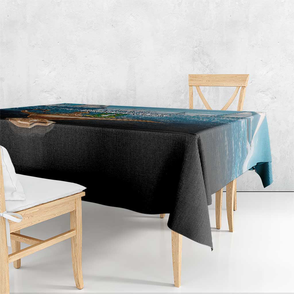 British Virgin Islands tablecloth draped over bench with blue top band and black underside
