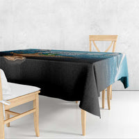 British Virgin Islands tablecloth draped over bench with blue top band and black underside
