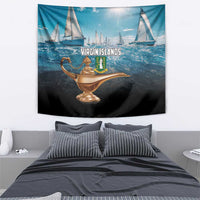 British Virgin Islands tapestry featuring sailboats and a golden lamp over ocean waves