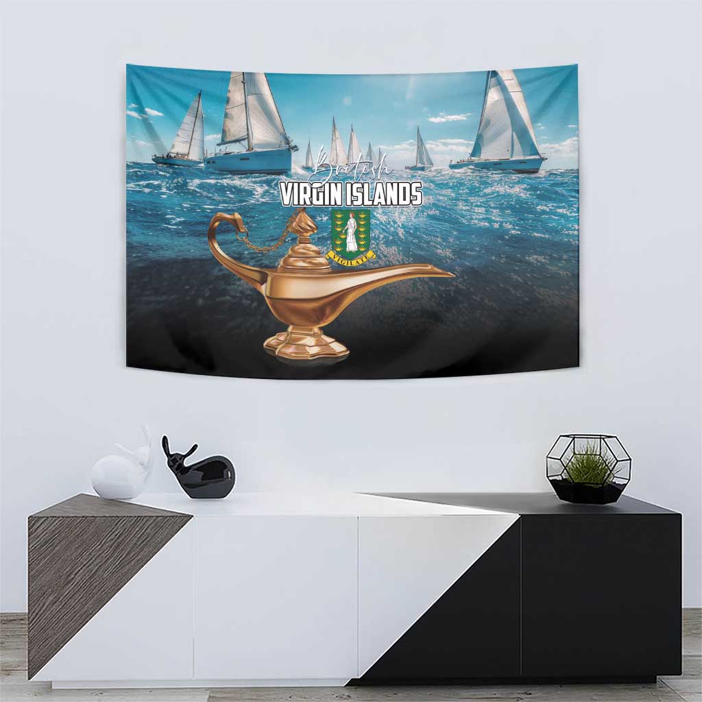British Virgin Islands tapestry with sailboats and a golden lamp in the center on dark cloth
