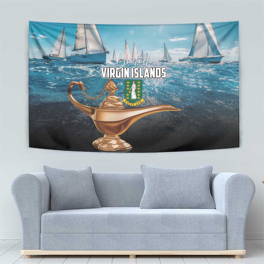 British Virgin Islands tapestry showing sailboats and a golden lamp, blue sky and sea