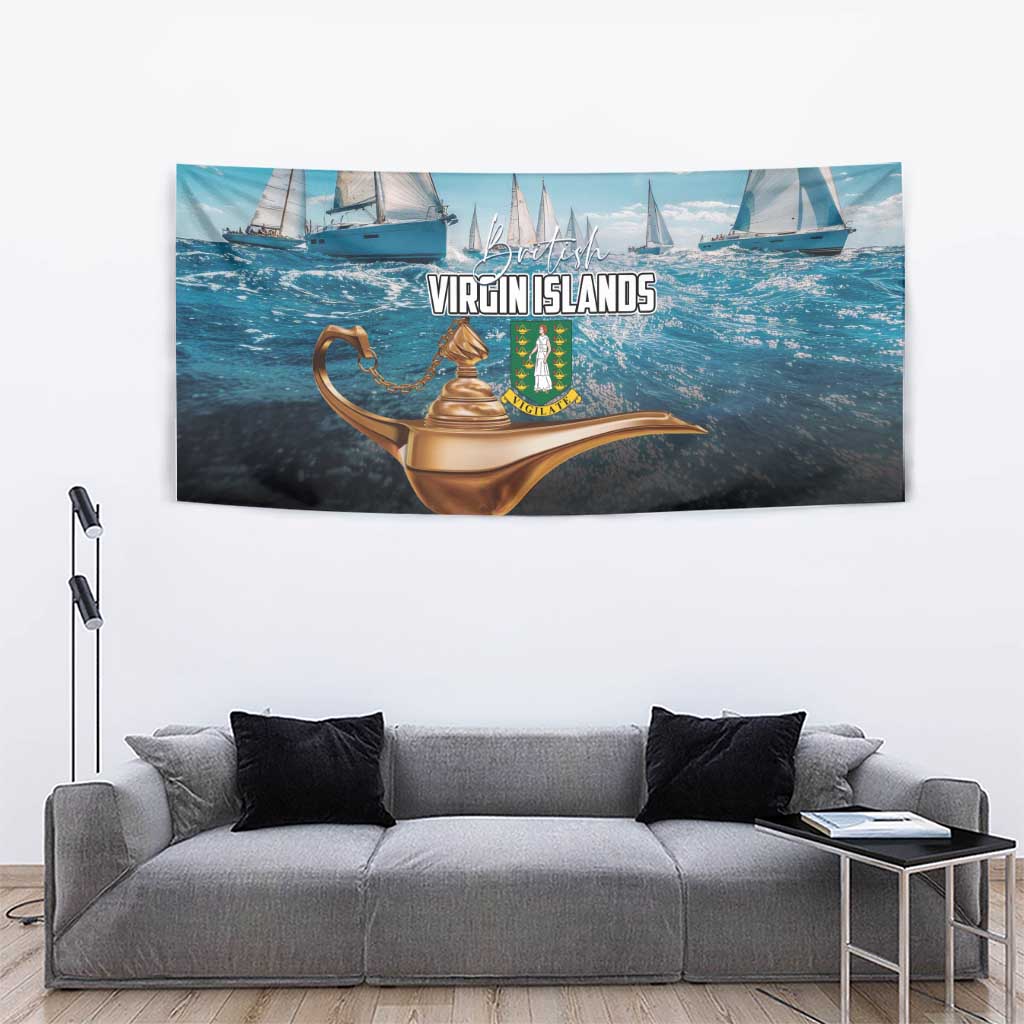 British Virgin Islands tapestry with sailboats across the ocean and a golden lamp silhouette