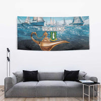 British Virgin Islands tapestry with sailboats across the ocean and a golden lamp silhouette