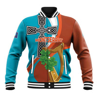 Unisex baseball jacket, teal and brown with striped collar, front button graphic cross