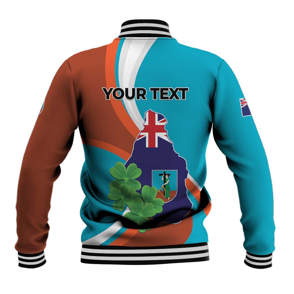 Unisex baseball jacket, teal back panel with striped collar, clover and cross graphic, text