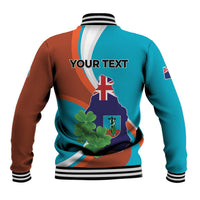 Unisex baseball jacket, teal back panel with striped collar, clover and cross graphic, text