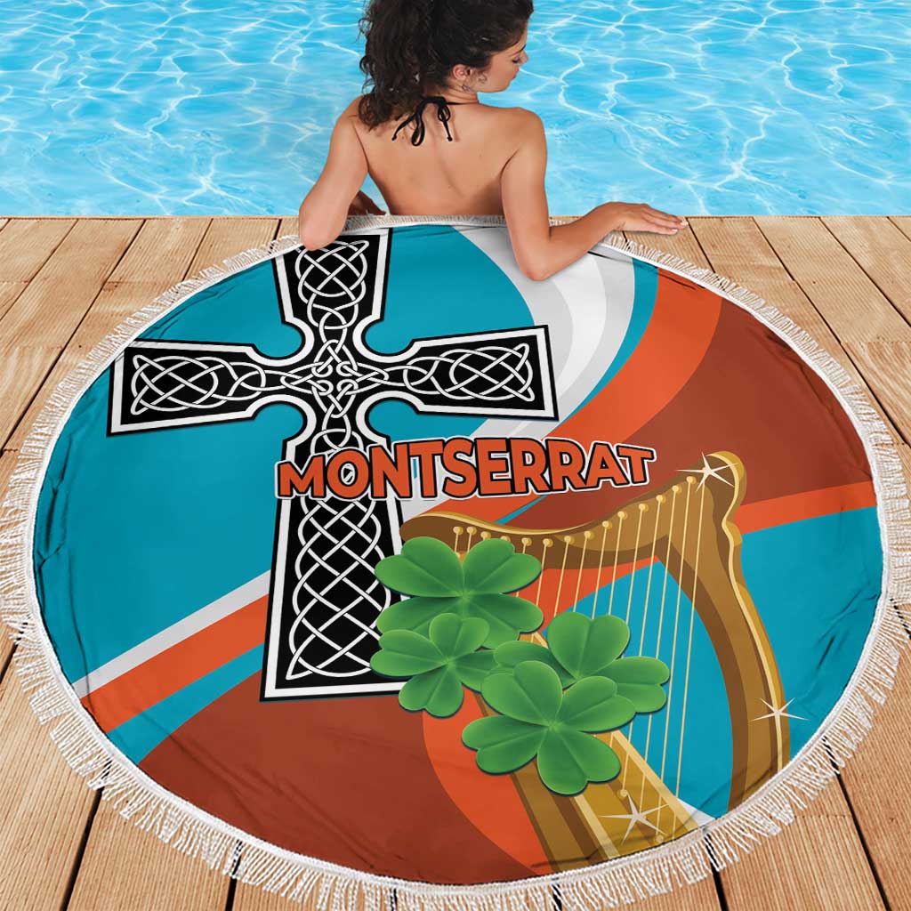 Round beach blanket with white fringe, orange teal cross graphic with green shamrock