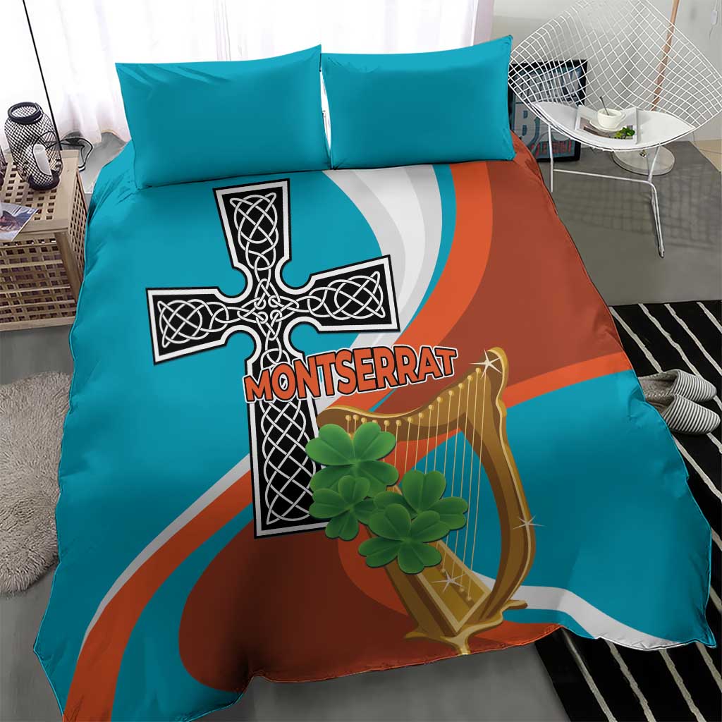 Bedding set with teal and rust duvet cover showing cross and harp design, with two teal pillows