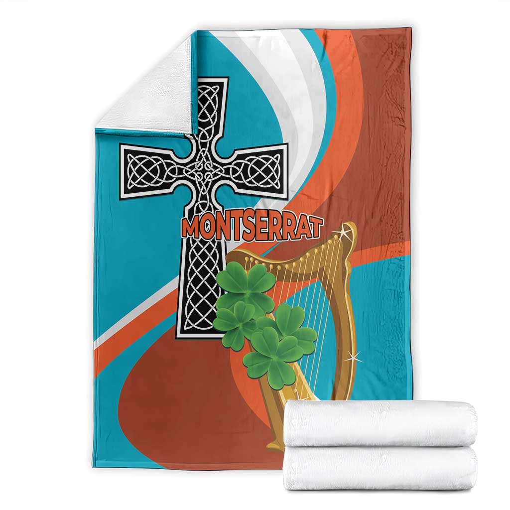Teal, white, and rust blanket with cross-harp emblem, clover, and folded corner