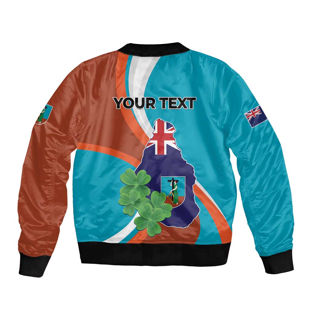 Two-tone bomber jacket with black ribbed hem, clover emblem and “YOUR TEXT” on back.