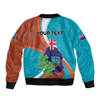 Two-tone bomber jacket with black ribbed hem, clover emblem and “YOUR TEXT” on back.