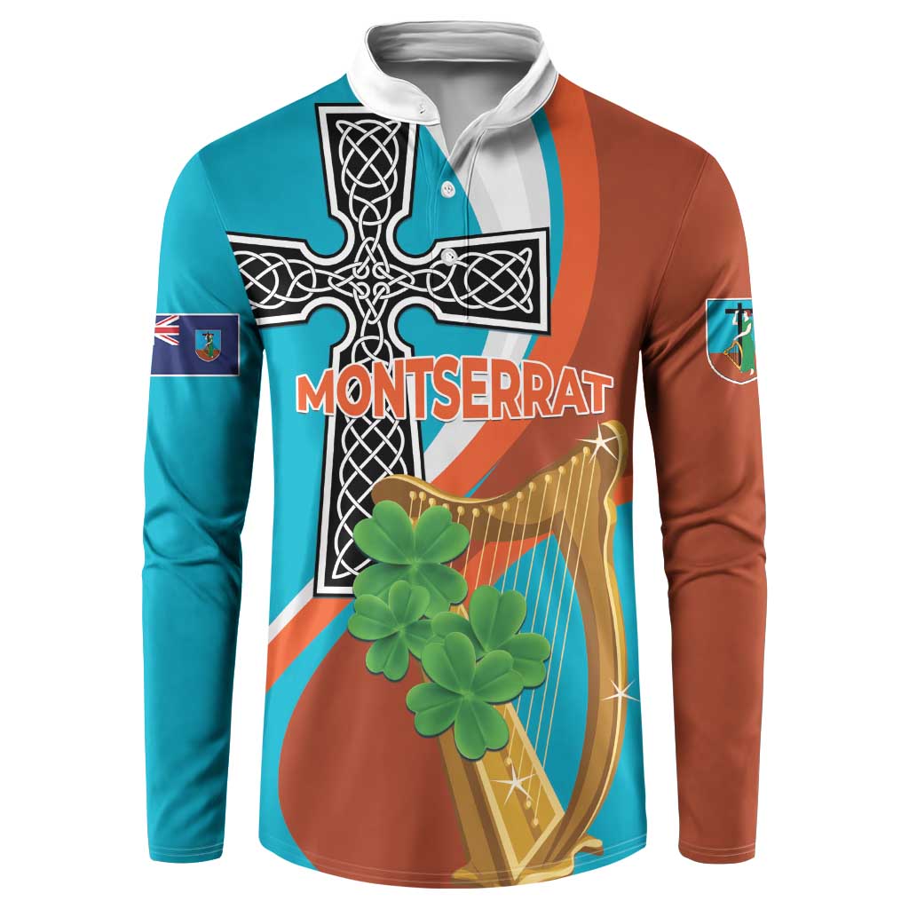 Teal and rust button sweatshirt with Montserrat graphic, harp and clover, long sleeves.