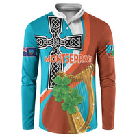 Teal and rust button sweatshirt with Montserrat graphic, harp and clover, long sleeves.