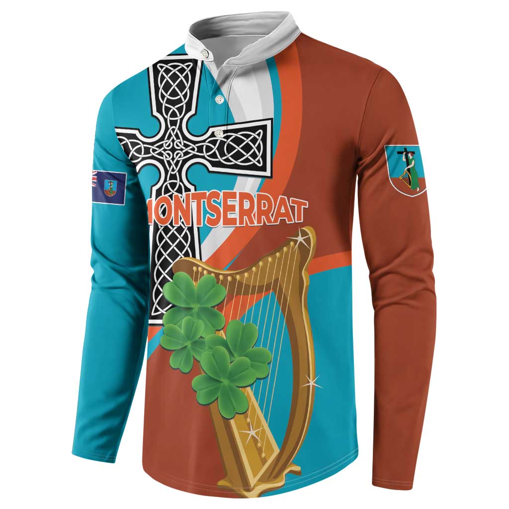 Front view teal and rust button sweatshirt with Montserrat text, harp and clover graphic.